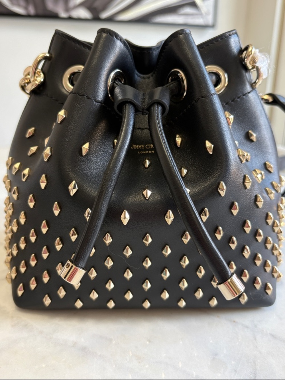 Jimmy Choo Black Leather Studded Drawstring Mini Bucket Bag with Gold Hardware